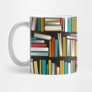 Colorful books // black bookshelf background yellow neon red white and teal books Mug